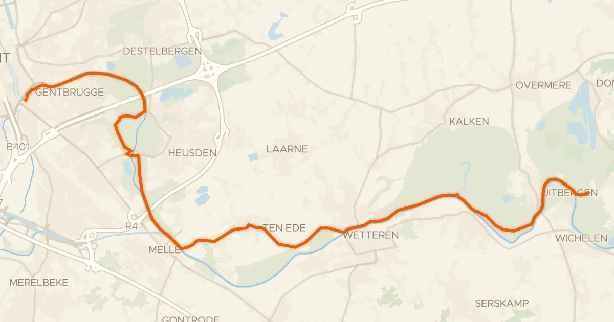 Kaart van de fietsroute Kunststedenroute - 04 - Gent - Berlare