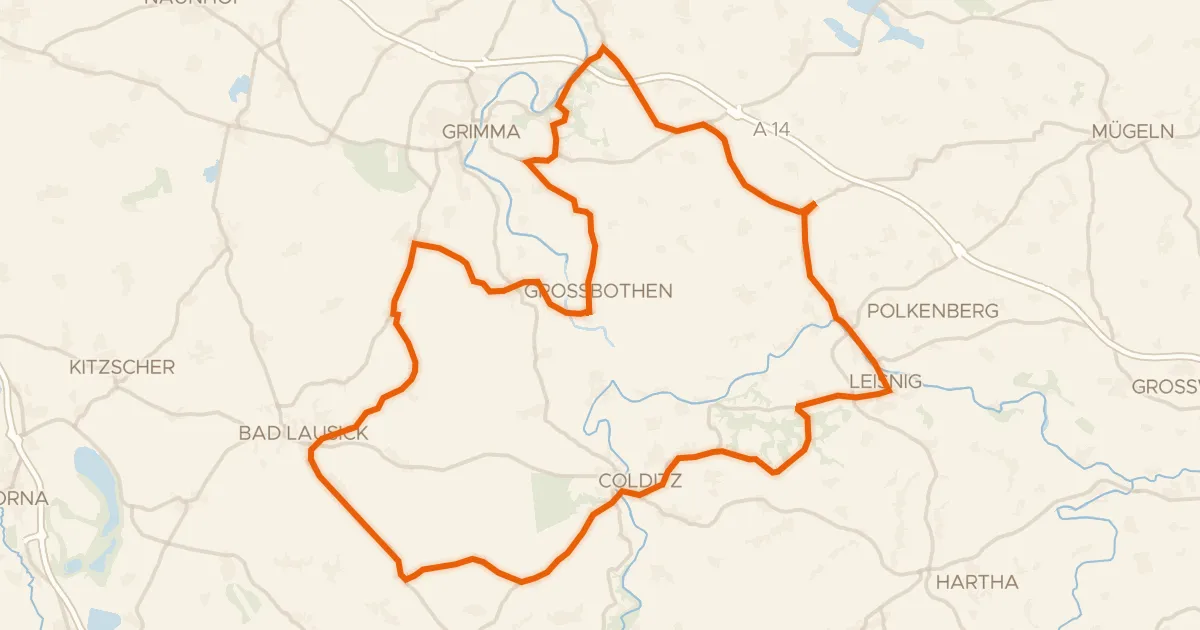 Kaart van de fietsroute Rondje Burg Mildenstein en Mulde