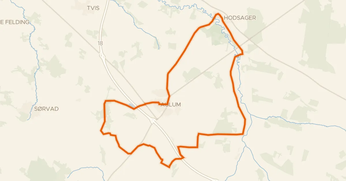 Kaart van de fietsroute Aulum - Haderup