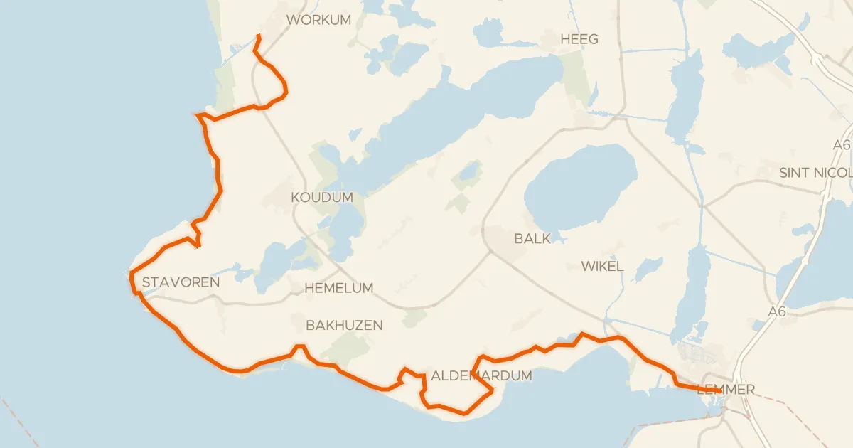Kaart van de fietsroute LF Zuiderzeeroute - 04 - Workum - Lemmer