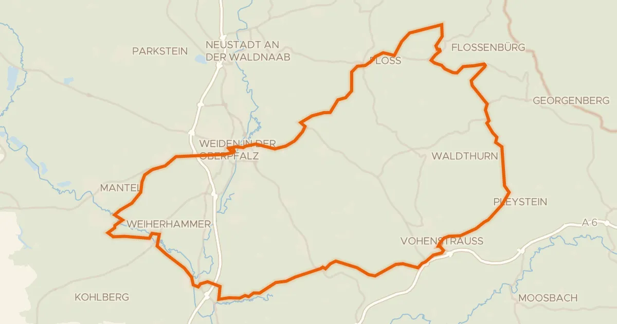 Kaart van de fietsroute Rondje Burgruine Flossenbürg en Lerautal bei Leuchtenberg