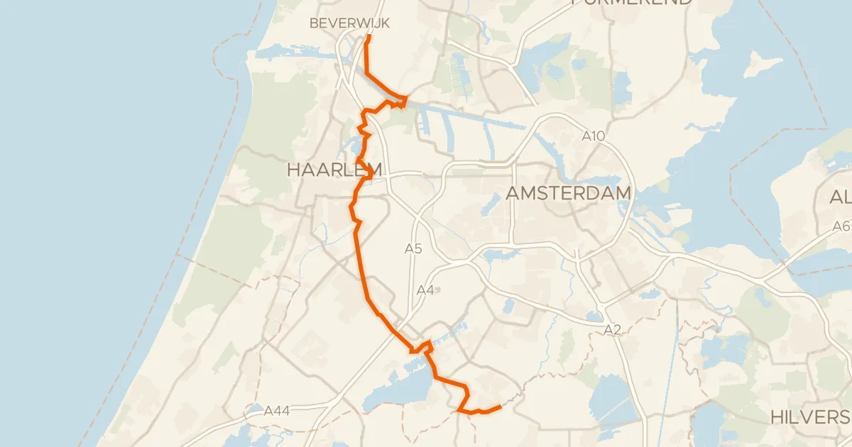 Kaart van de fietsroute LF Waterlinieroute - 02 - Beverwijk - Uithoorn