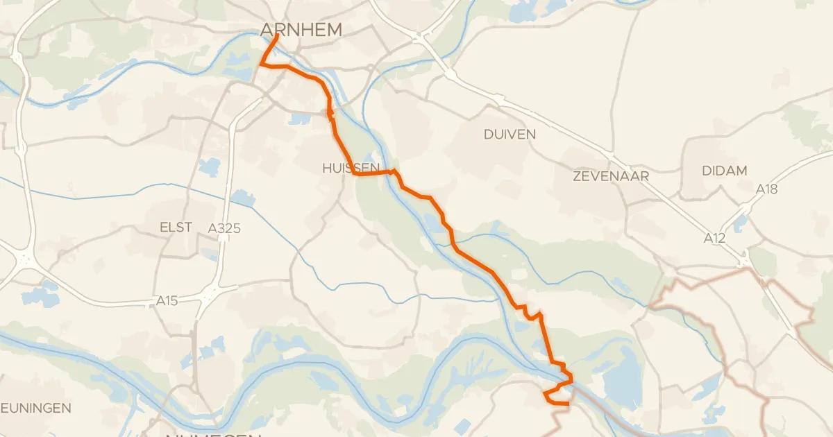 Kaart van de fietsroute Rijnfietsroute - 01 - Millingen - Arnhem