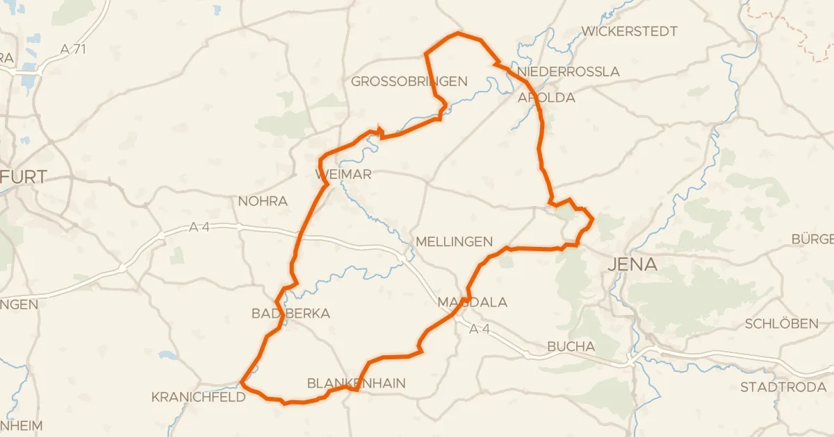 Kaart van de fietsroute Rondje Burg Tannroda en Windknollen