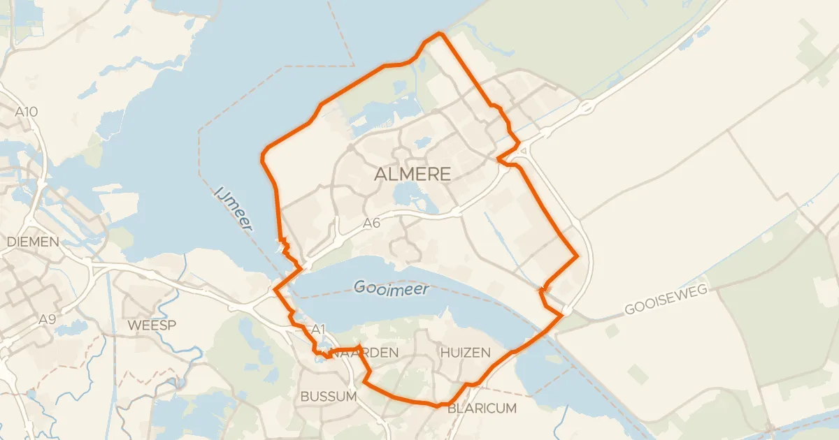 Kaart van de fietsroute Rondje Vesting Naarden en Blaricummerheide