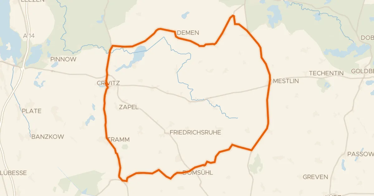 Map of the cycling route Rondje Warnow en Crivitzer See