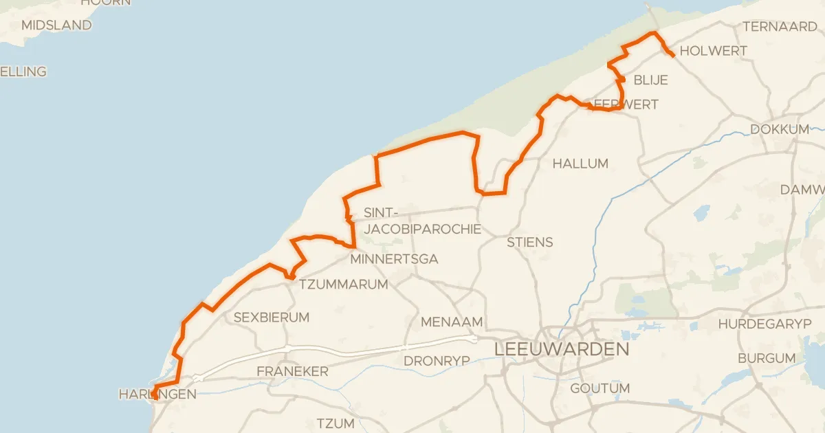 Kaart van de fietsroute LF Kustroute - 04 - Holwerd - Harlingen