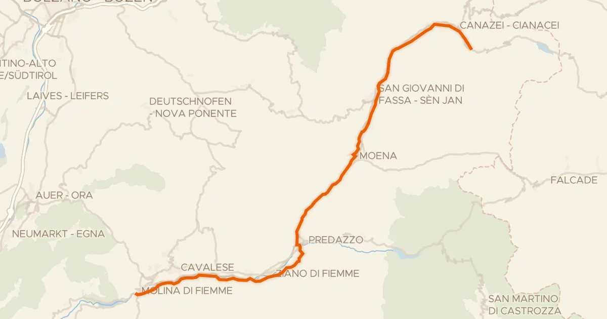 Kaart van de fietsroute Ciclovia delle Valli di Fiemme e Fassa