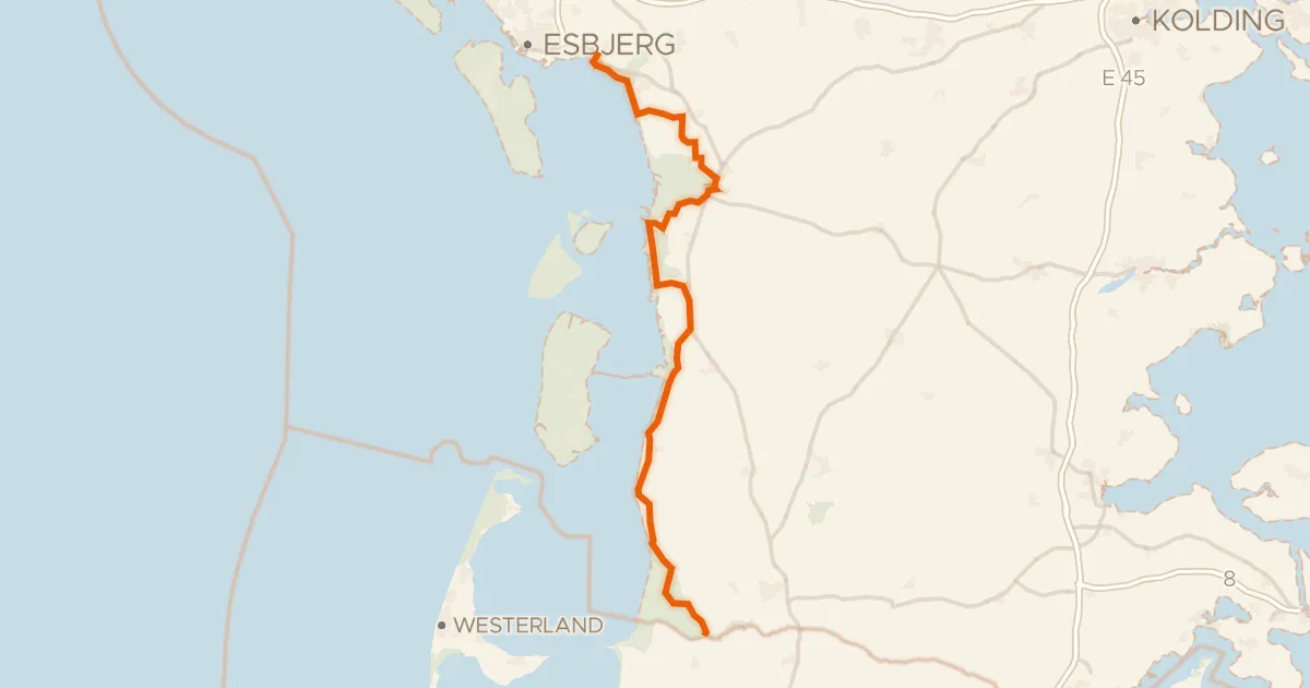 Kaart van de fietsroute Vestkystruten