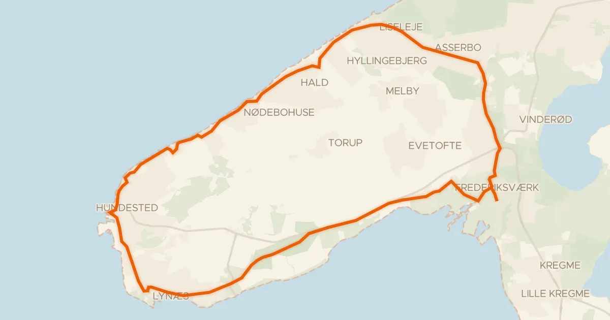 Map of the cycling route Hundested - Lynæs