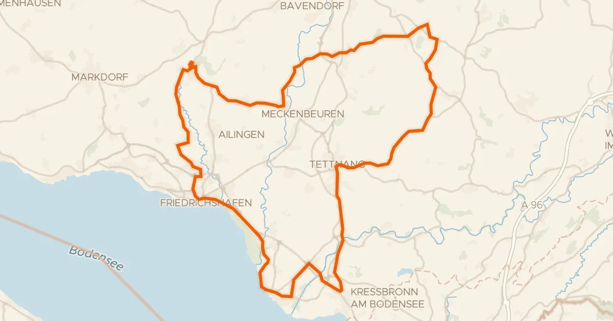 Kaart van de fietsroute Rondje langs de Argen en het Eriskircher Ried