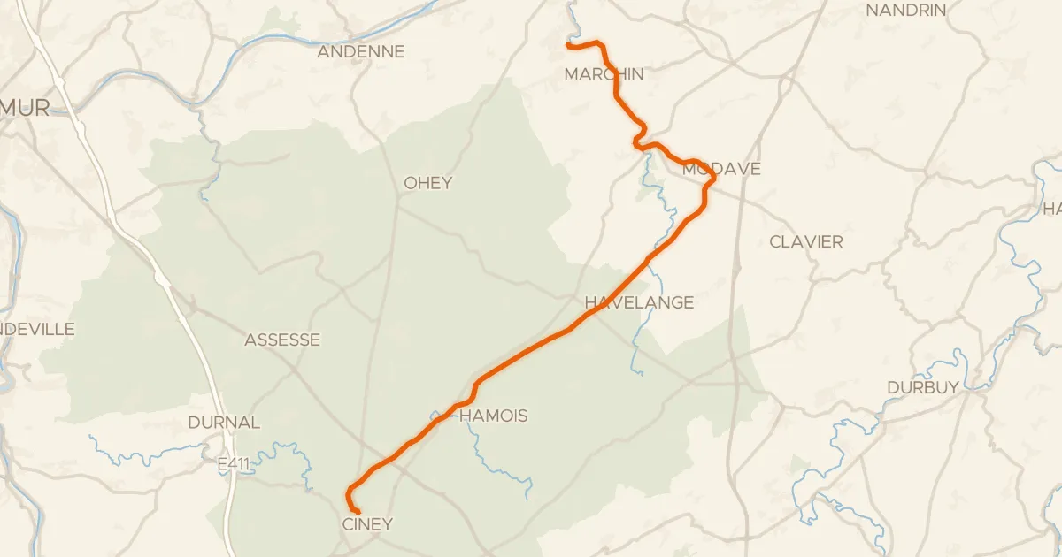 Map of the cycling route RAVeL Ligne 126 Ciney-Régissa (Huy)