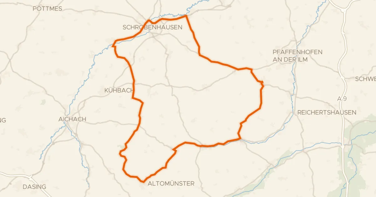 Kaart van de fietsroute Langs de Paar en de Ilm