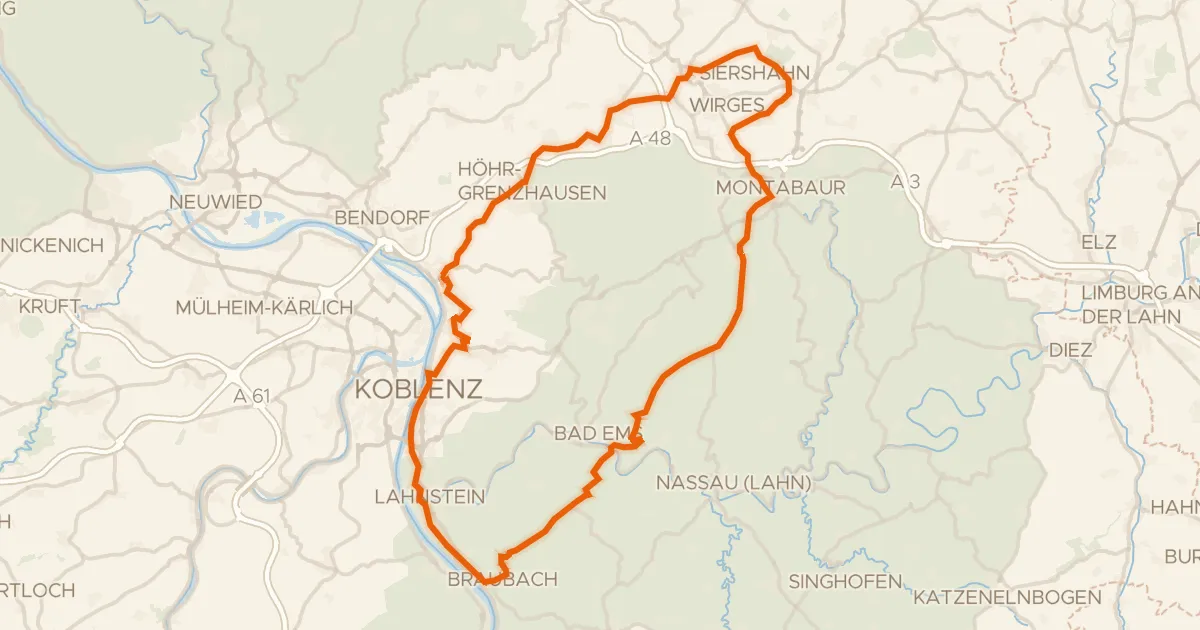 Kaart van de fietsroute Rondje Schloss Montabaur en Marksburg