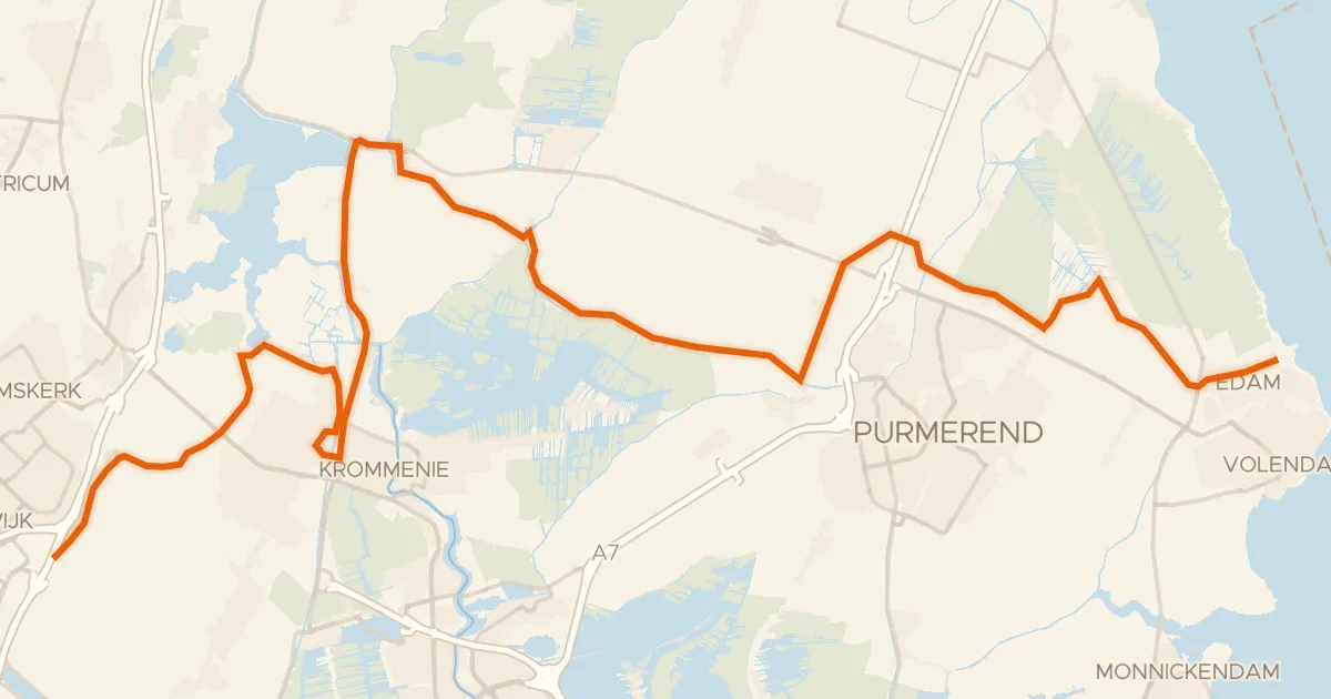 Kaart van de fietsroute LF Waterlinieroute - 01 - Edam - Beverwijk