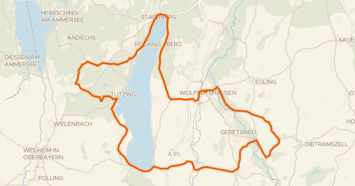 Map of the cycling route Rondje Schloss Starnberg en Osterseen
