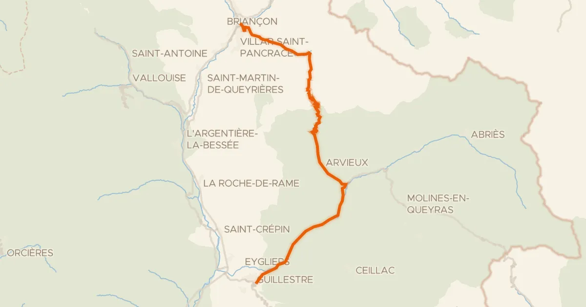 Kaart van de fietsroute Route des Grandes Alpes à vélo, étape 9, Briançon / Guillestre