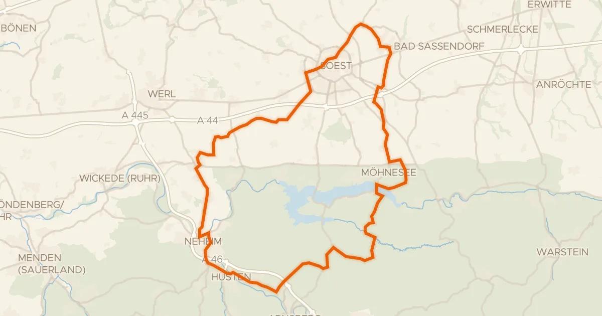 Map of the cycling route Rondje Arnsberger Wald en Unterlauf der Möhne