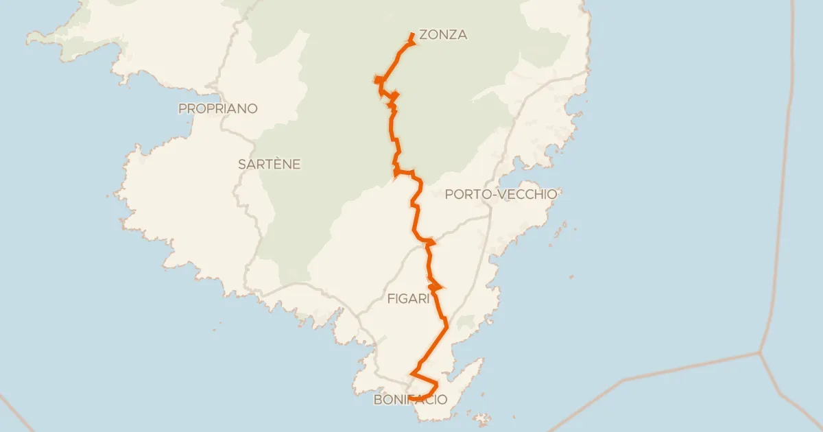 Kaart van de fietsroute GT20 / Étape 12 : Zonza - Bunifaziu