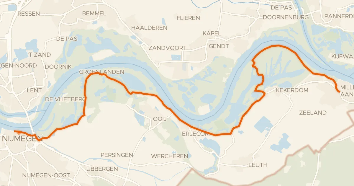 Kaart van de fietsroute Rijnfietsroute - Waalvariant