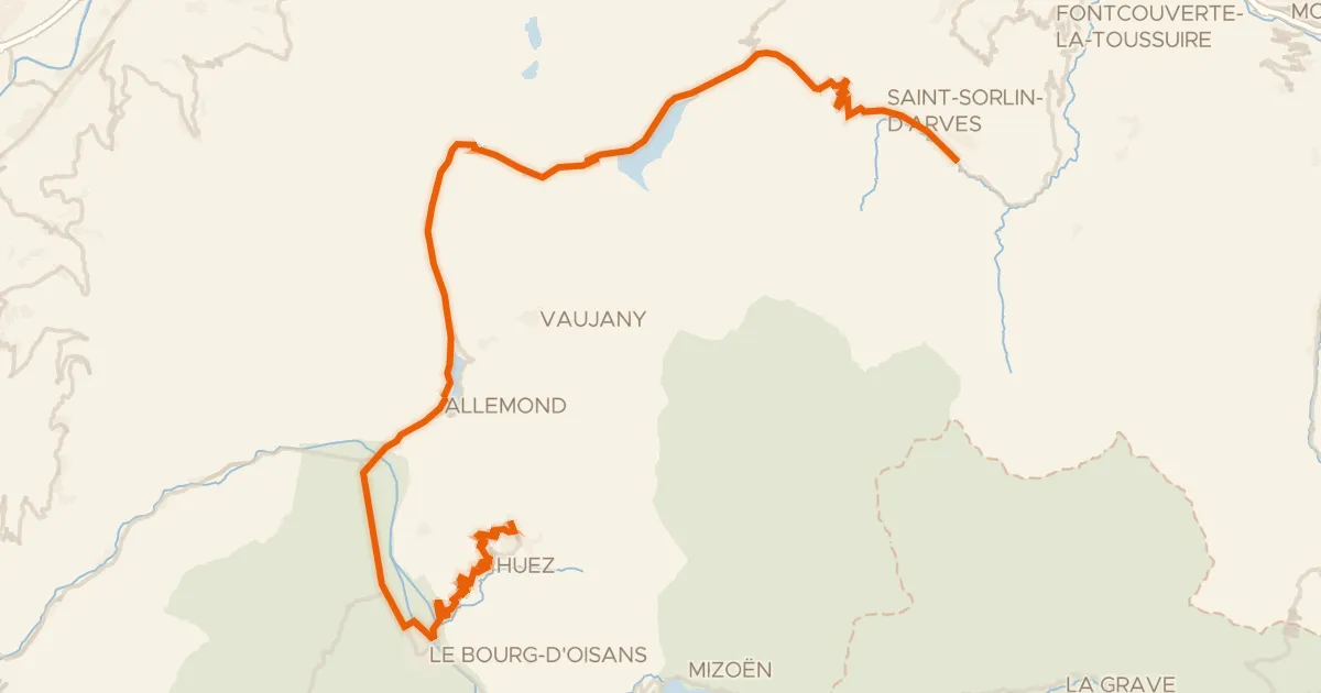 Map of the cycling route Route des Grandes Alpes à vélo, variante Saint-Jean-d'Arves / L'Alpe d'Huez