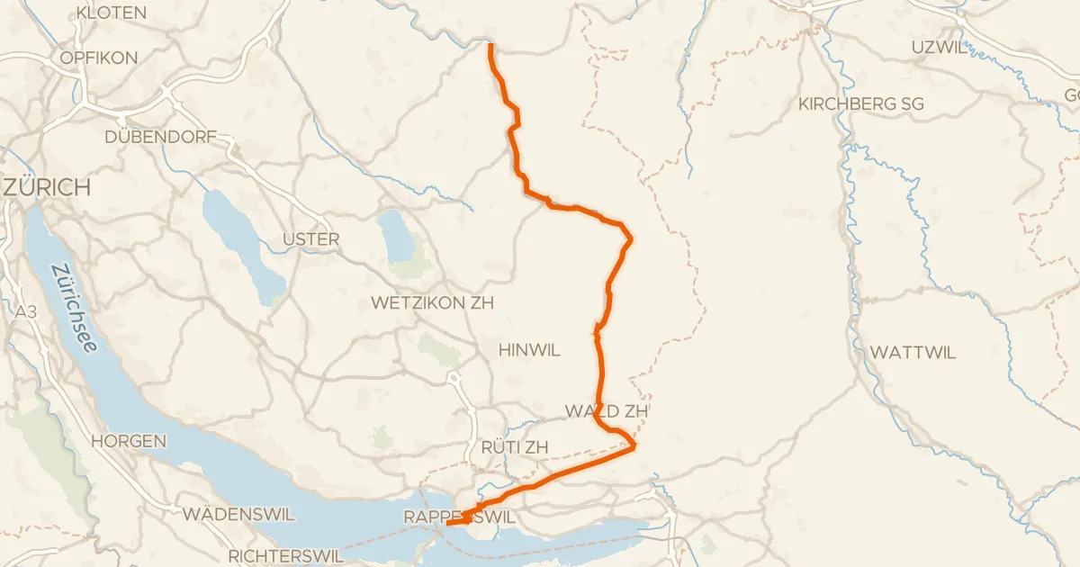 Kaart van de fietsroute Töss-Jona-Route