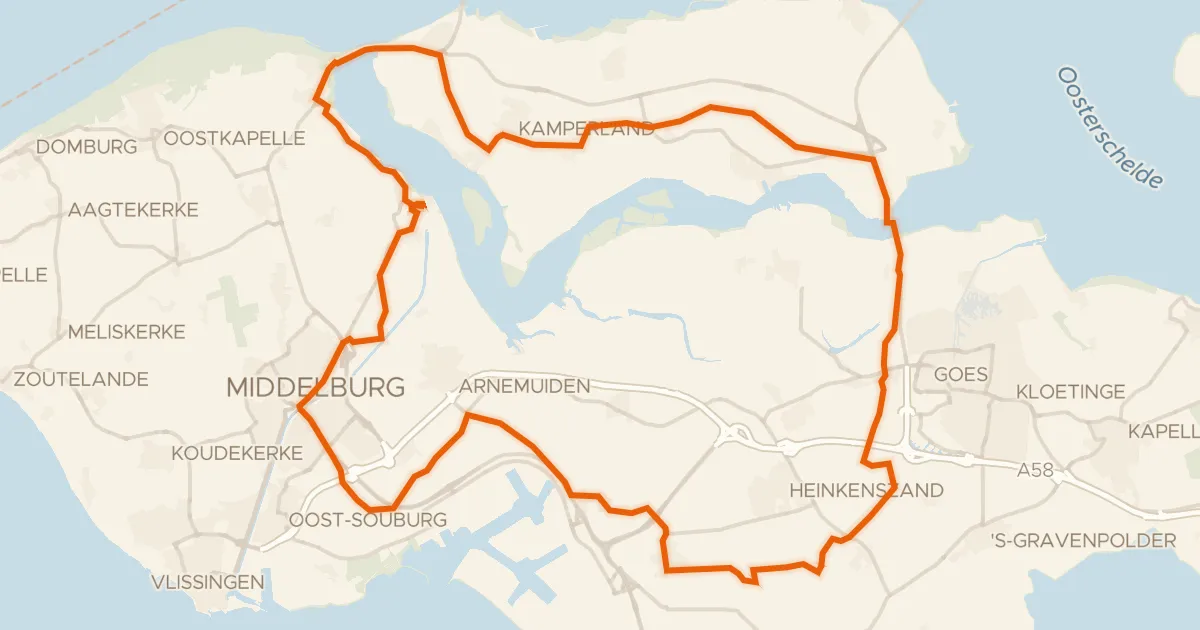 Kaart van de fietsroute Rondje De Koe en Oosterschelde