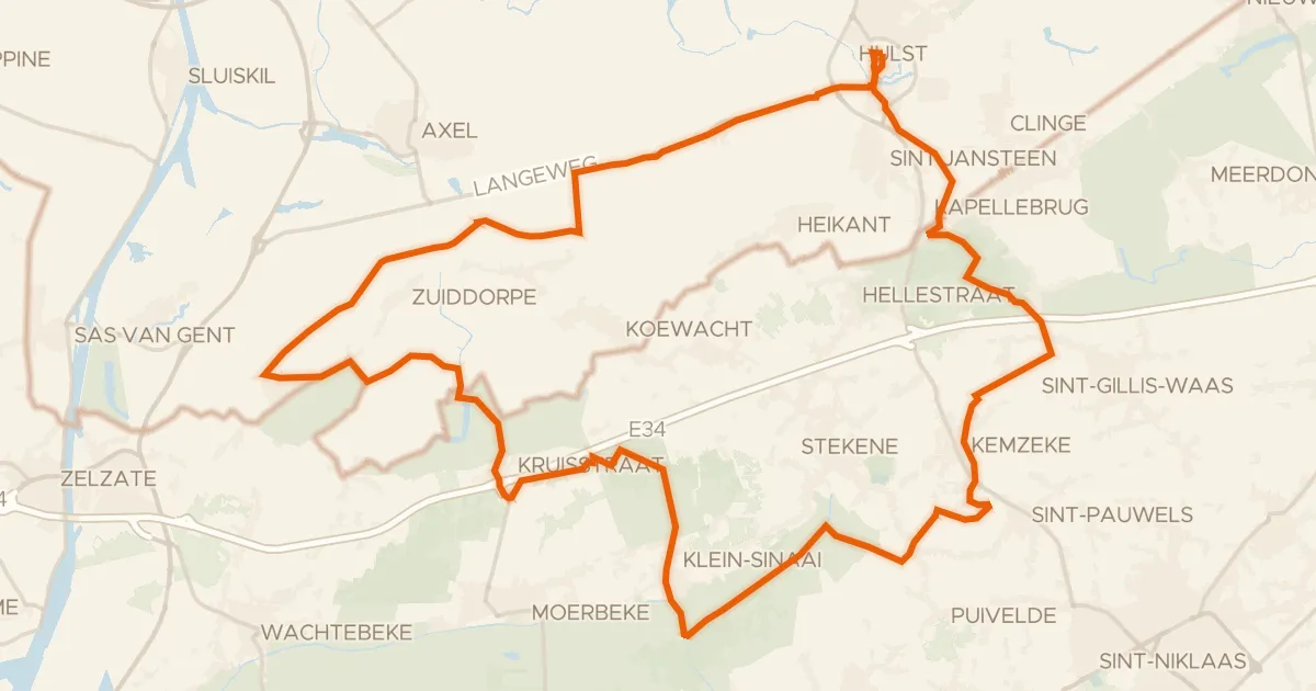 Kaart van de fietsroute Rondje Vesting Hulst en Moervaart