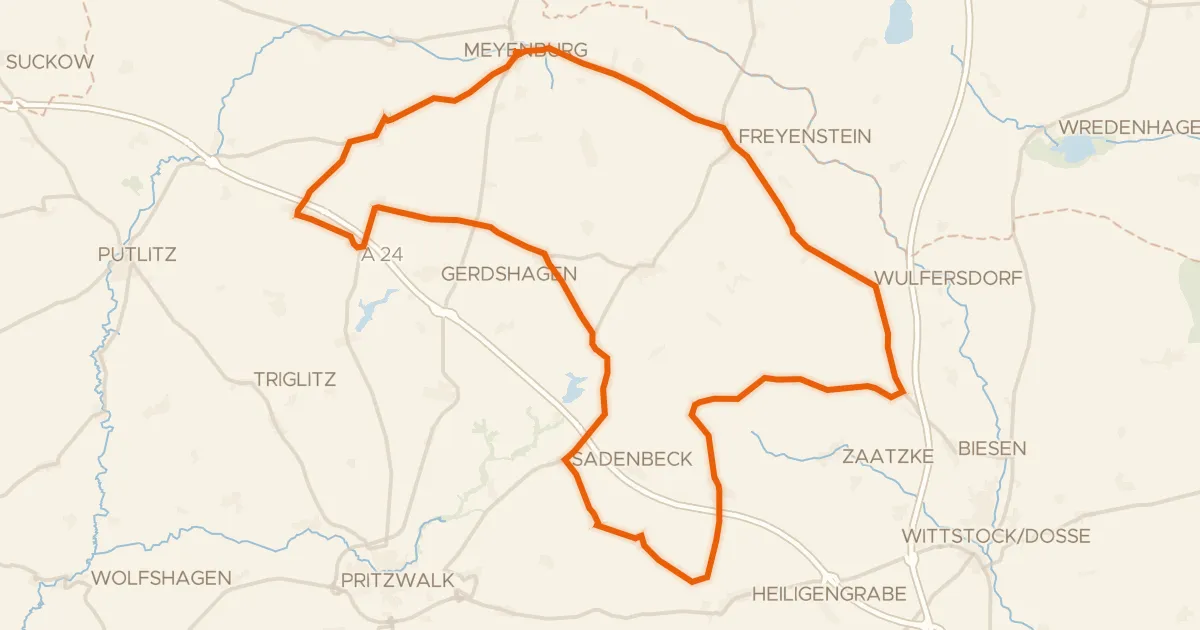 Map of the cycling route Rondje Schloß Meyenburg en Burg Freyenstein