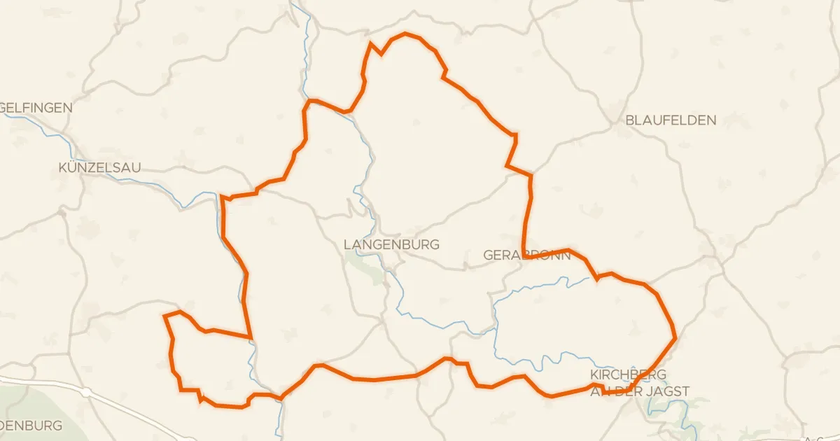 Kaart van de fietsroute Rondje Kocher en Jagst