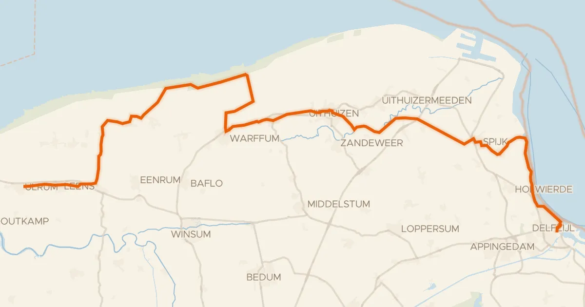 Kaart van de fietsroute LF Kustroute - 02 - Delfzijl - Ulrum