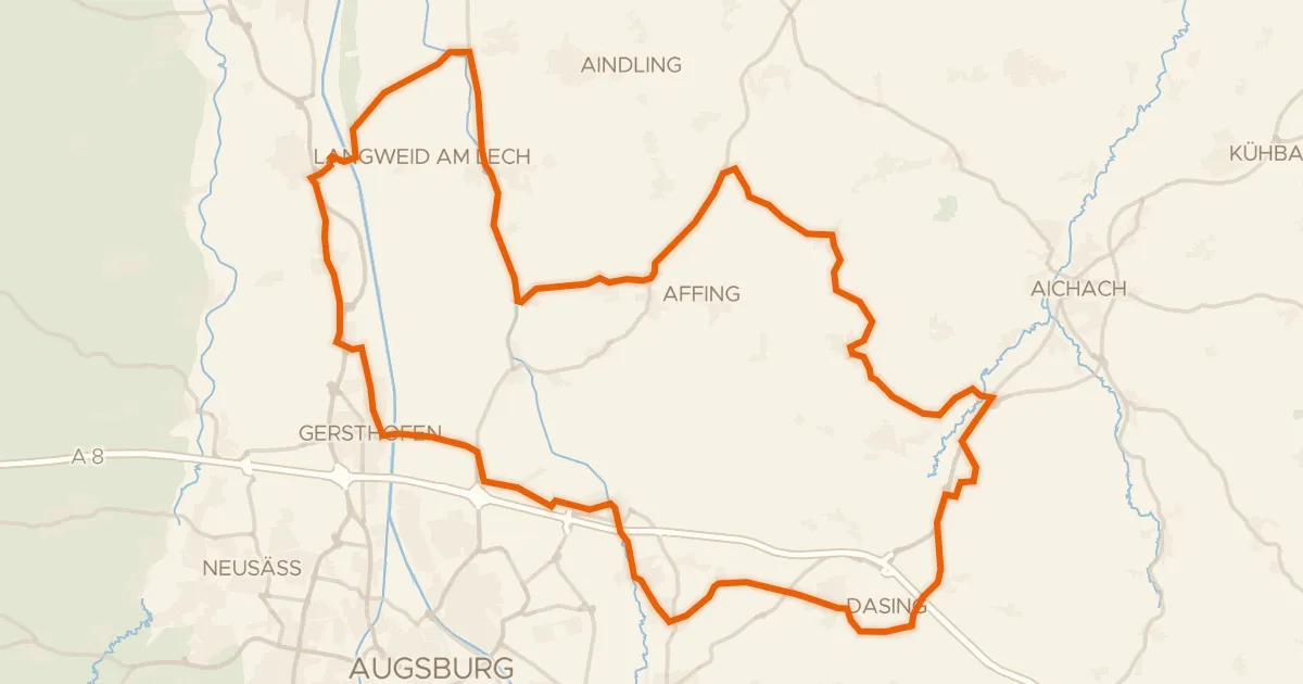 Kaart van de fietsroute Rondje Schloss Affing en Blumenthaler Holz