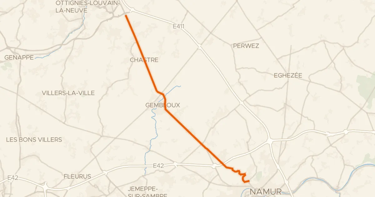 Map of the cycling route C204 Cyclostrade Louvain-La-Neuve - Namur