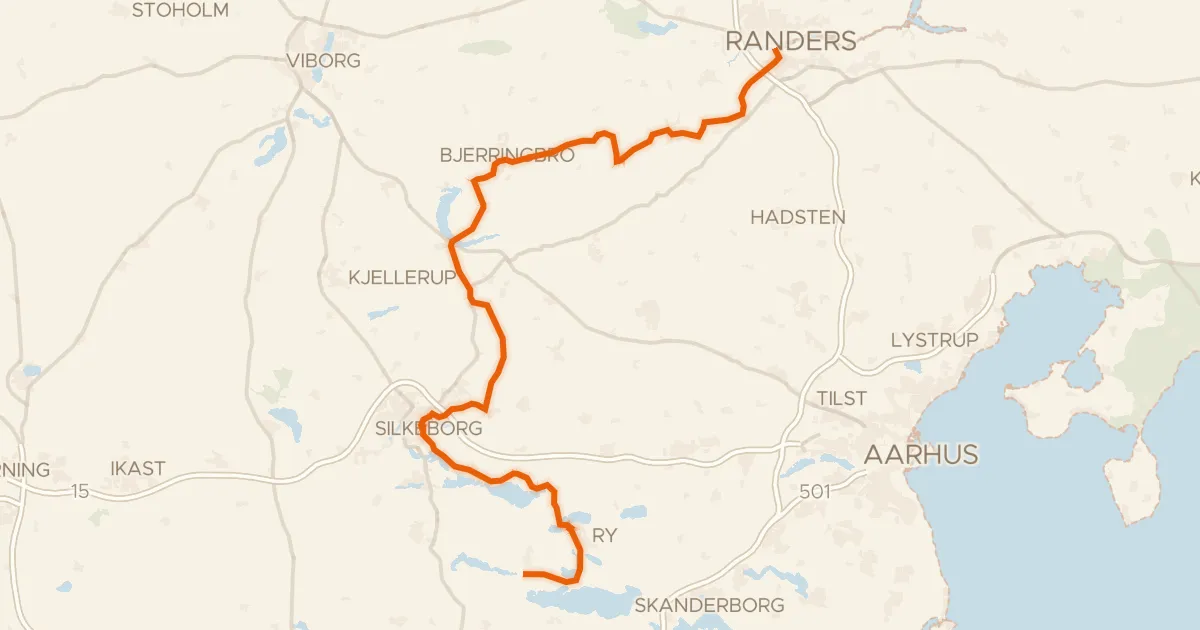 Kaart van de fietsroute Gudenåruten