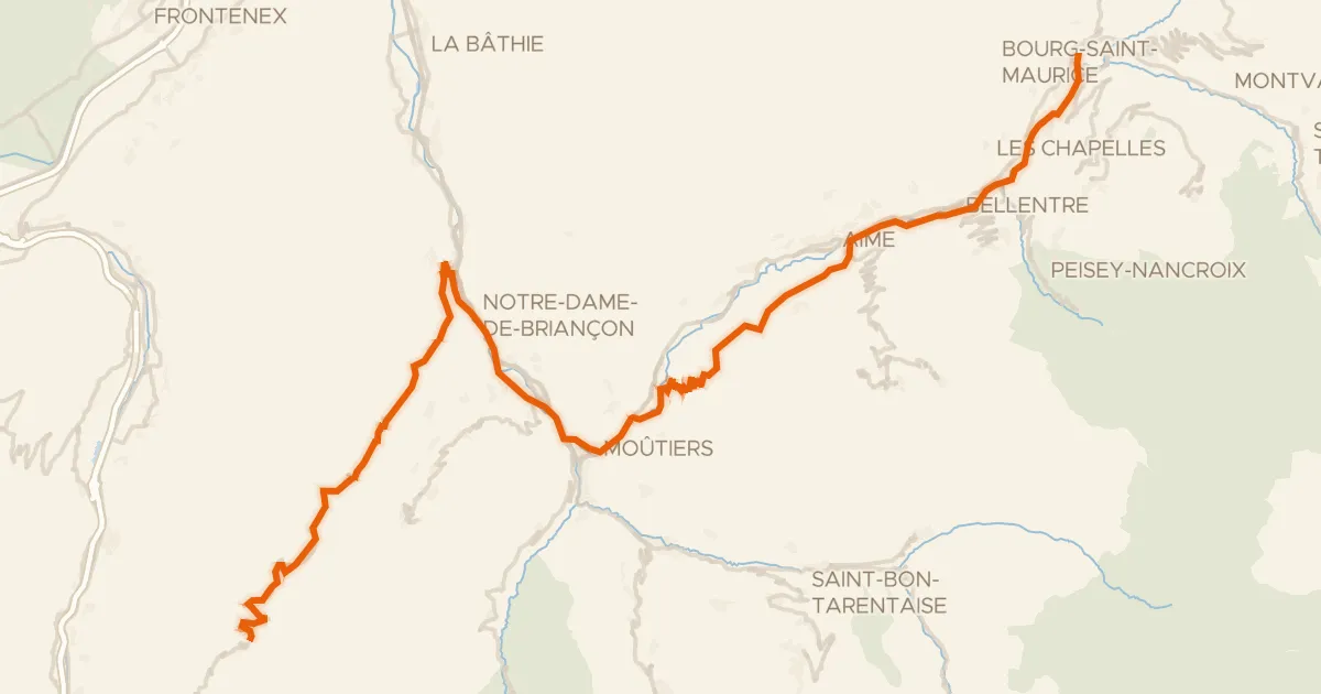 Kaart van de fietsroute Route des Grandes Alpes à vélo, variante Bourg-Saint-Maurice / Saint-François-Longchamp
