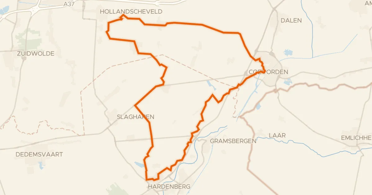Kaart van de fietsroute Rondje Kasteel van Coevorden en De Arend
