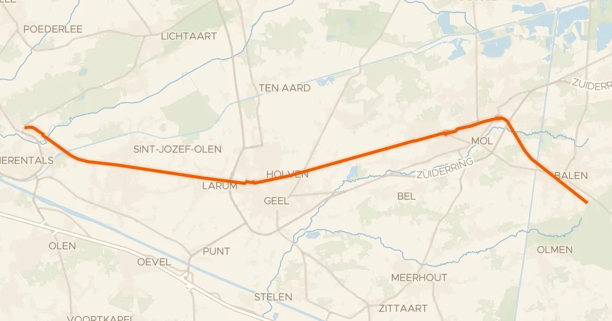 Kaart van de fietsroute F105 Fietssnelweg Herentals - Balen (Schoor)