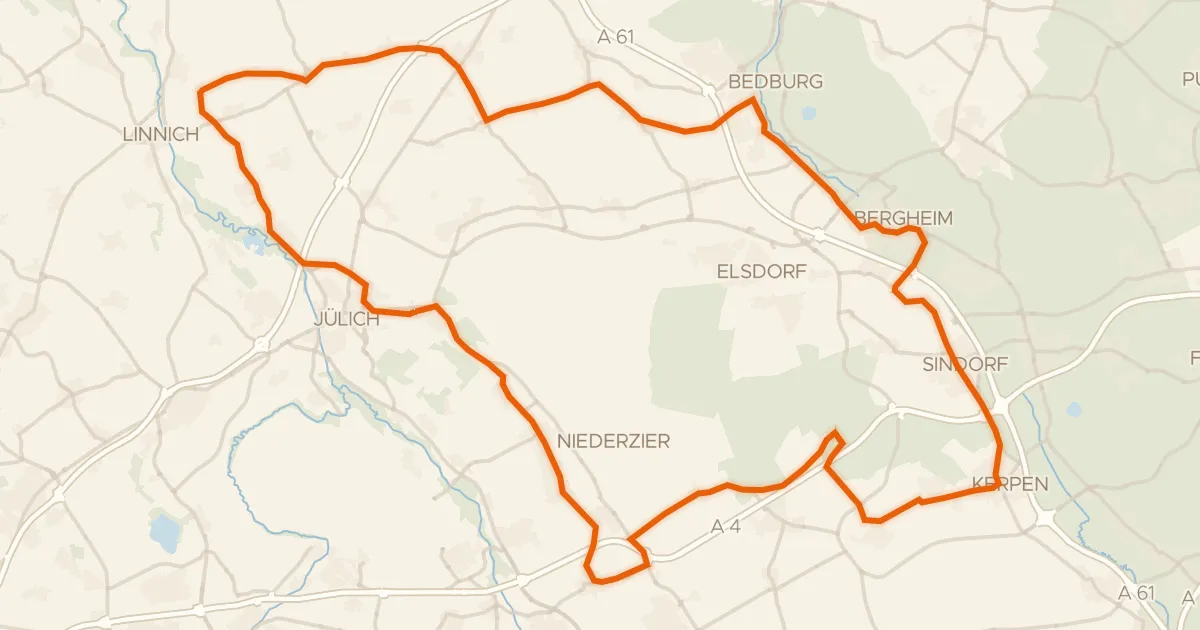 Kaart van de fietsroute Rondje Burg Bergerhausen en Schloss Paffendorf