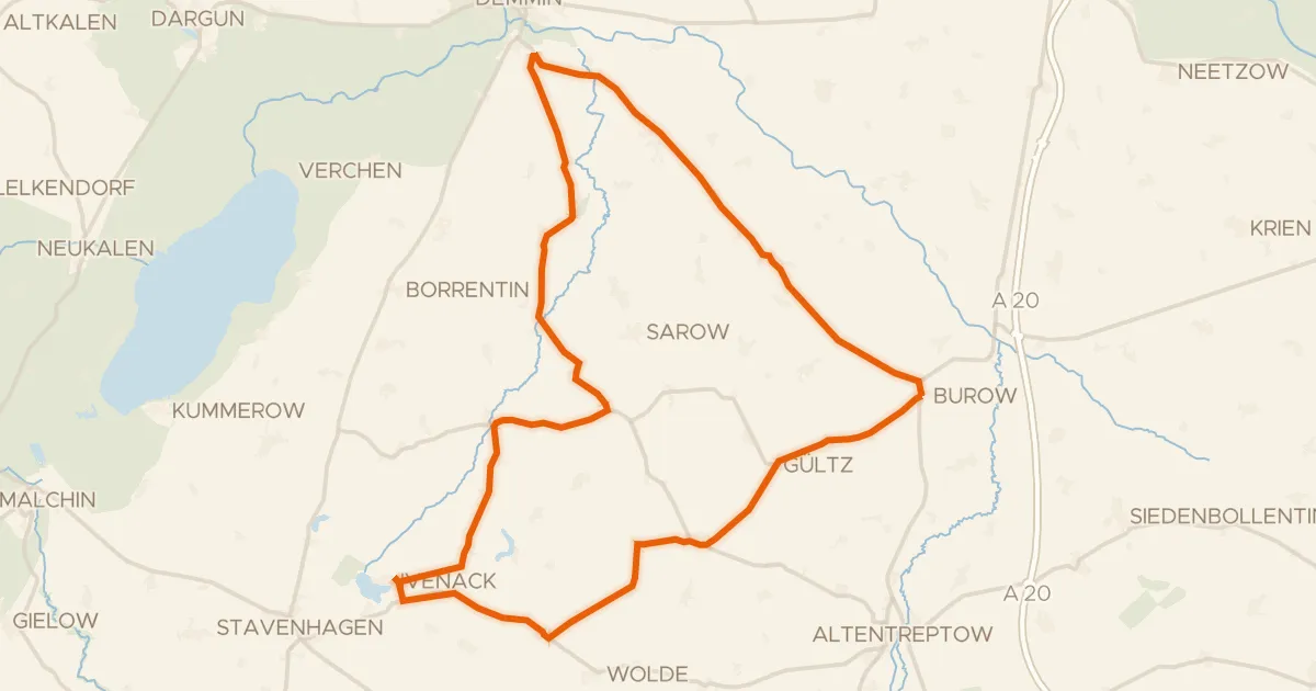 Map of the cycling route Rondje Schloss Gützkow en Gutshaus Tützpatz