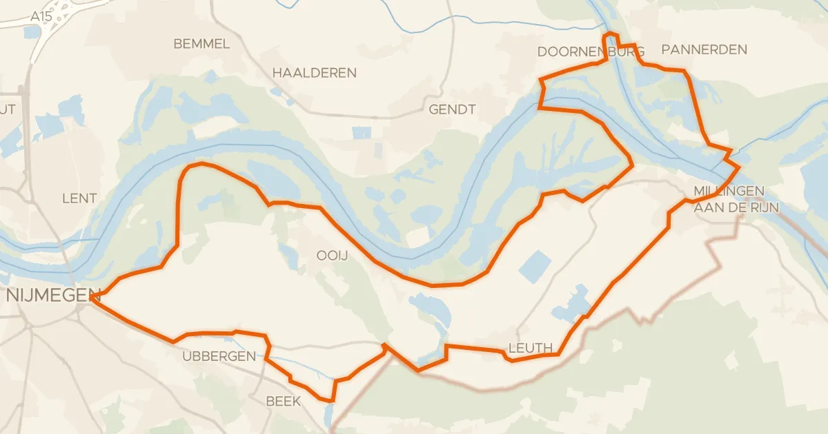 Kaart van de fietsroute Ooijenroute