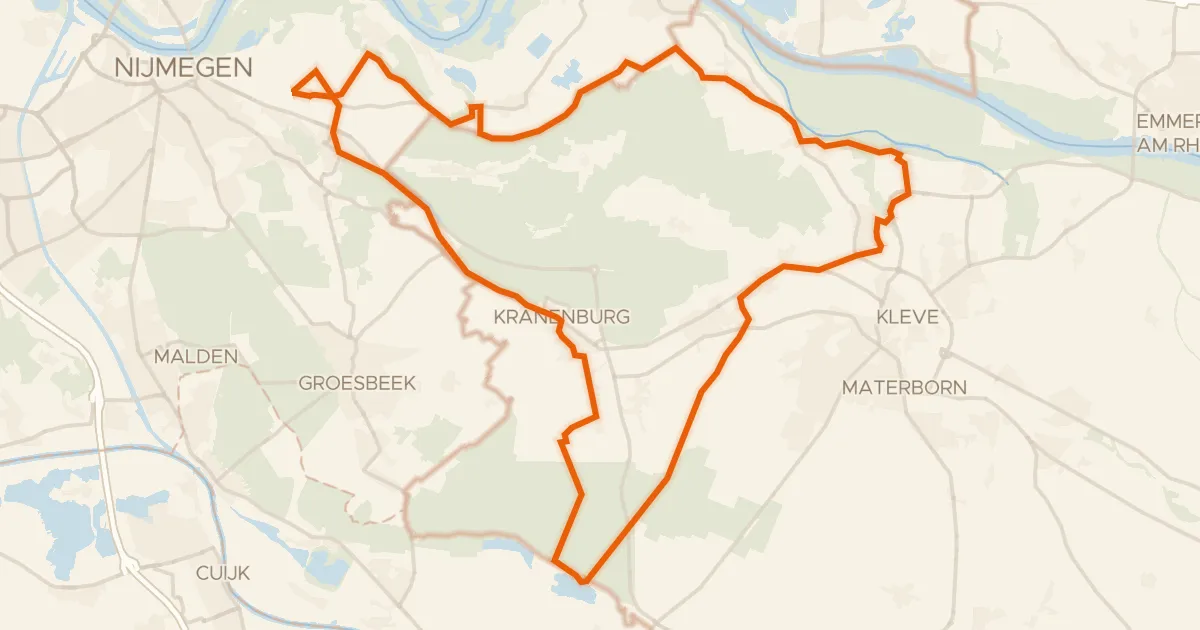 Kaart van de fietsroute Rondje Wasserburg Rindern en Gelderse Poort