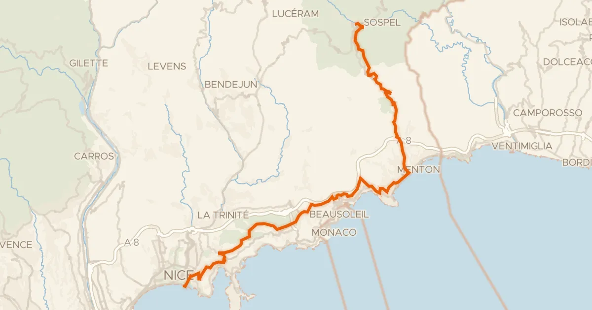 Map of the cycling route Route des Grandes Alpes à vélo, étape 14, Sospel / Nice