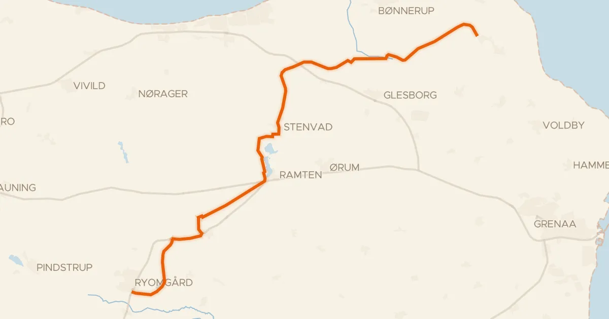 Kaart van de fietsroute Gjerrildbanestien
