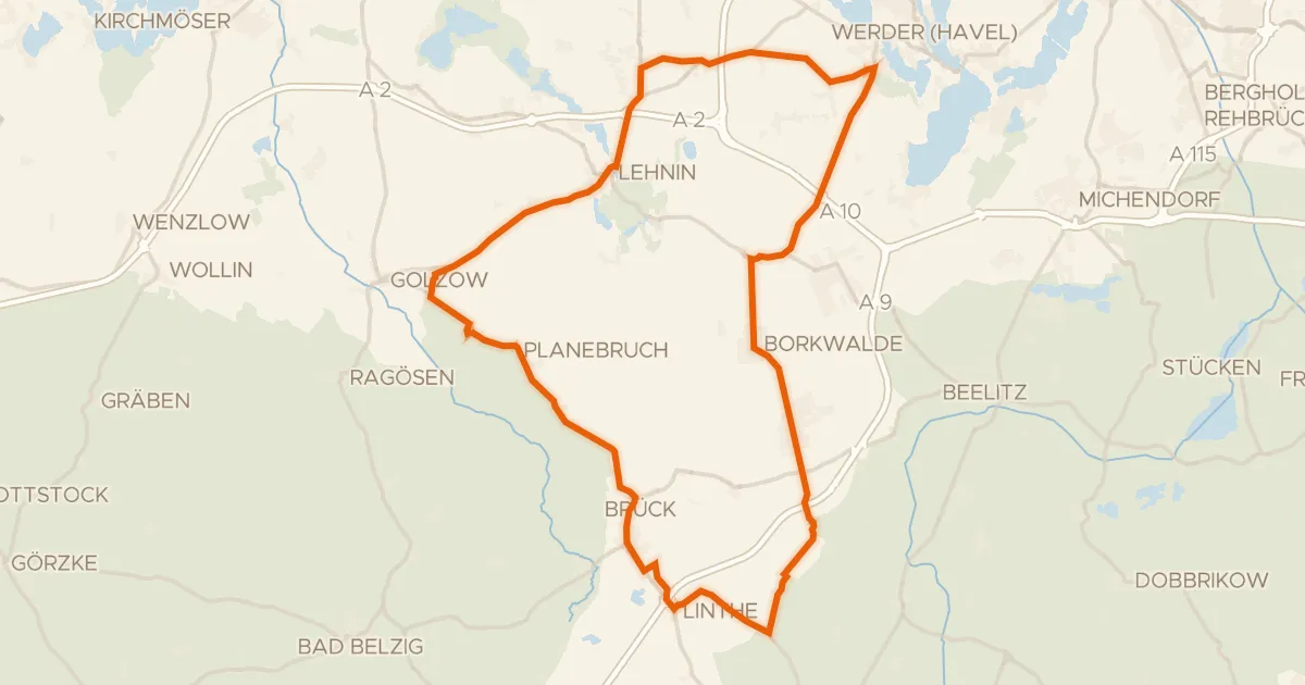 Kaart van de fietsroute Rondje Belziger Landschaftswiesen en Glindower Alpen