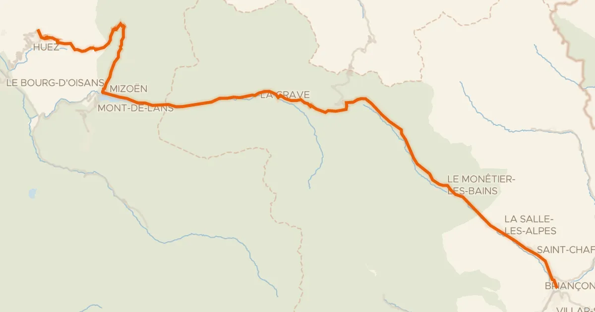 Kaart van de fietsroute Route des Grandes Alpes à vélo, variante L'Alpe d'Huez / Briançon