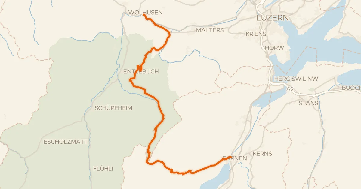 Kaart van de fietsroute Wiggertal–Glaubenberg