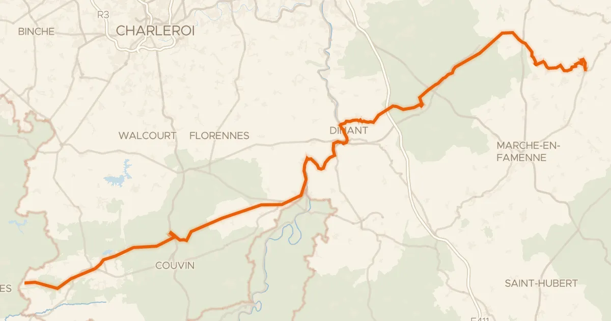 Map of the cycling route RAVeL W8 Entre Fagnes et Famenne