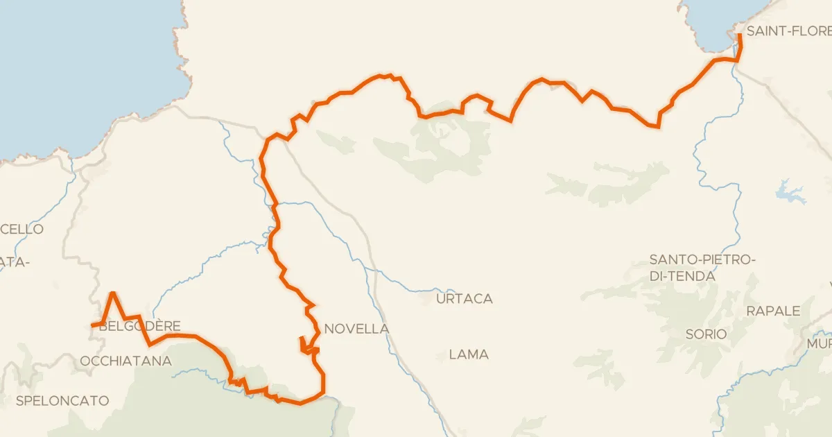 Map of the cycling route GT20 / Étape 3 : San Fiurenzu - Belgude