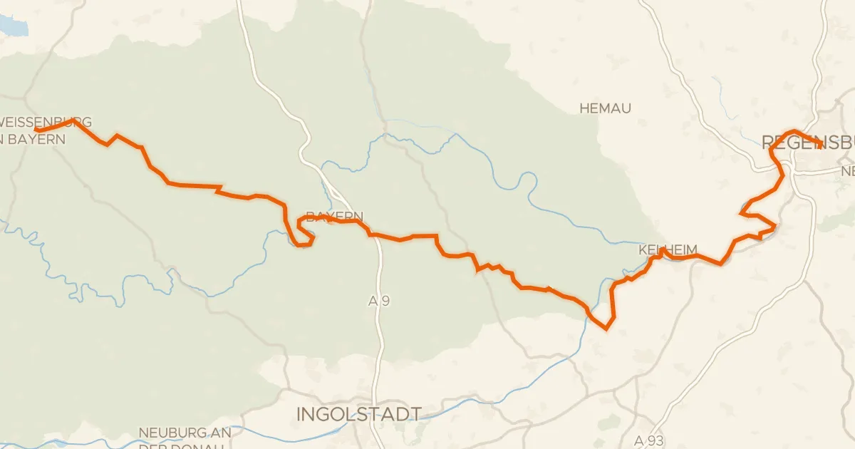 Map of the cycling route Deutscher Limes-Radweg 6. Abschnitt Weißenburg - Regensburg