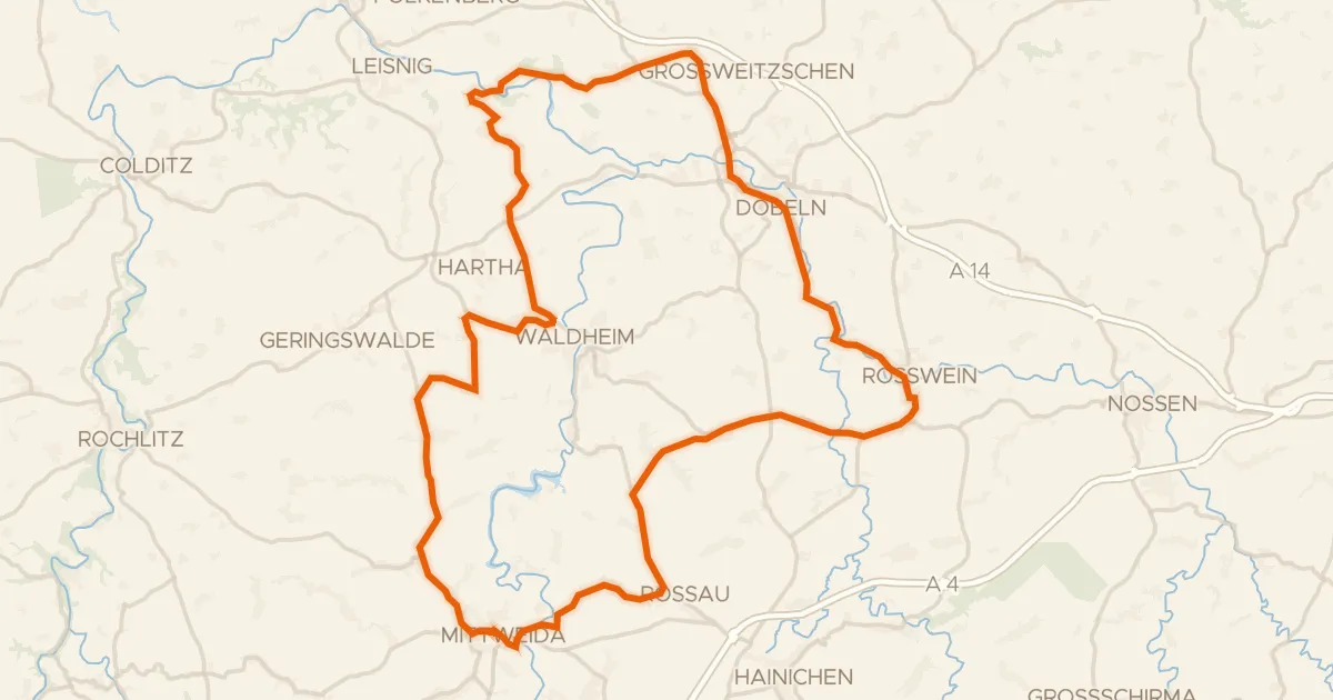 Kaart van de fietsroute Rondje Burgruine Kempe en Freiberger Mulde